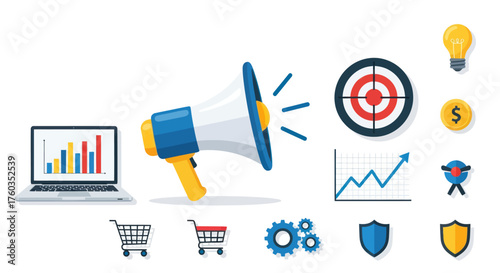 Blue and White Megaphone with Yellow Handle for Announcement.