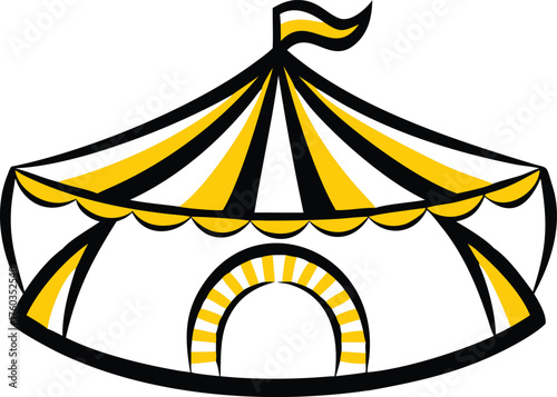 Yellow and black striped circus tent with arched entrance and flag big top carnival