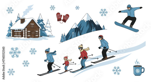 Winter Mountain Scene with Skiers Snowboarder and Cozy Cabin.