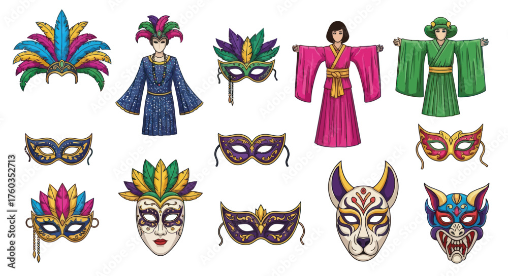 Fototapeta premium Colorful Carnival Masks and Traditional Costume Illustrations.