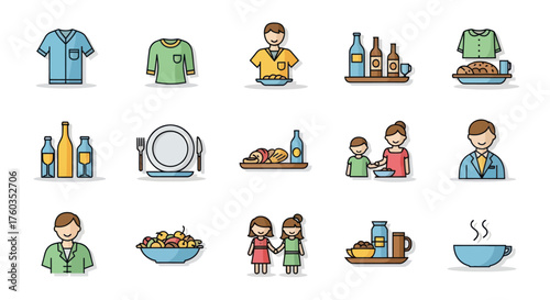 Collection of Flat Icons Representing Food Drinks and People.