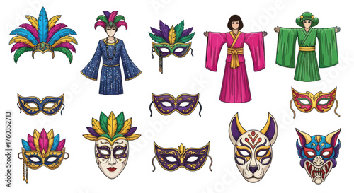 Colorful Carnival Masks and Traditional Costume Illustrations.