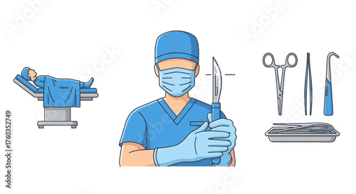 Surgeon in Blue Scrubs Holding Scalpel Ready for Surgery.