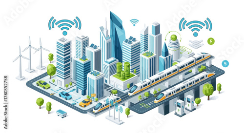 Isometric Smart City with Modern Buildings High-Speed Trains and Wireless Connectivity.
