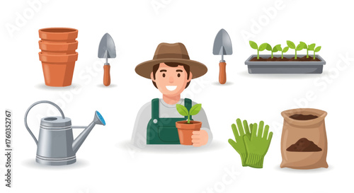 Cartoon Gardener with Essential Planting Tools and Supplies Set.