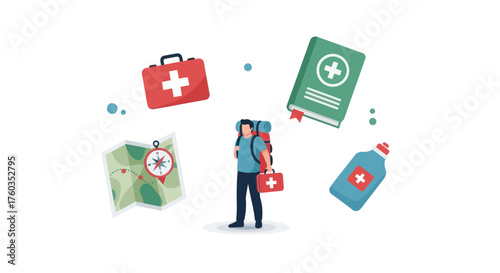 Illustration of a hiker surrounded by essential travel and first aid items.