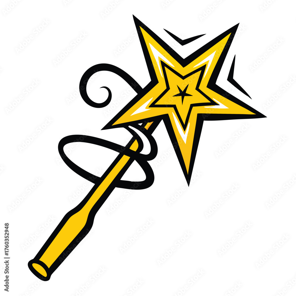 Obraz premium Yellow star magic wand with swirling black lines and white accents vector