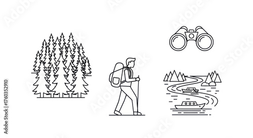 Outdoor Adventure and Nature Exploration Line Art Icons Set.