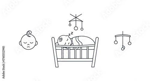 Minimalist Line Art of Sleeping Baby in Crib with Mobile and Head Icon.