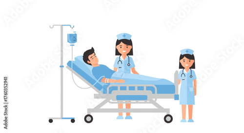 Patient in Hospital Bed with Attending Nurses and IV Drip.
