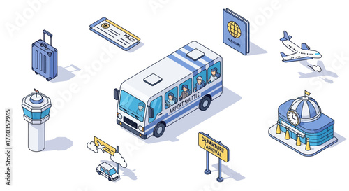 Isometric Airport Transportation and Travel Icons: Bus Luggage Plane and Control Tower.