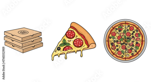Pizza Boxes Slice and Whole Pizza with Pepperoni Olives and Basil.