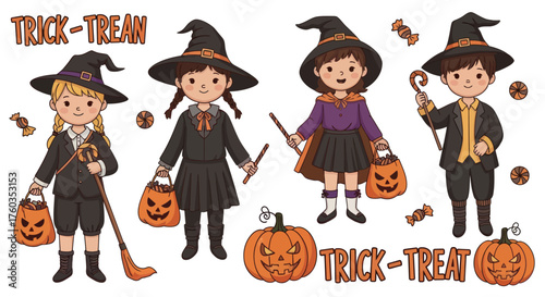 A set of cute cartoon children in witch and wizard costumes holding pumpkin buckets and wands for Halloween.