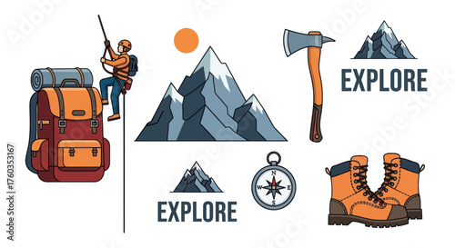 Hiking and Camping Adventure Gear: Backpack Boots Axe Compass Climber and Mountain Icons.