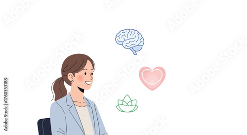 Woman with Brain Heart and Lotus Symbols: Mind Body and Spirit Connection.