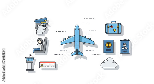 Aviation and Travel Icons: Airplane Pilot Luggage and Airport Elements.