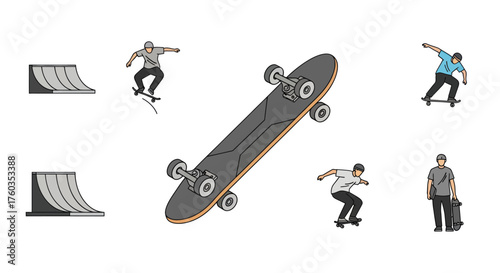 Dynamic Skateboard and Skaters with Ramps Vector Illustration Set.