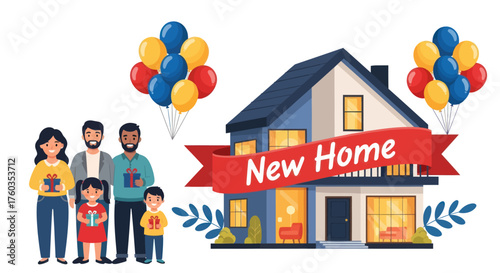 Happy Family Moving into New Home with Balloons and Banner Illustration.