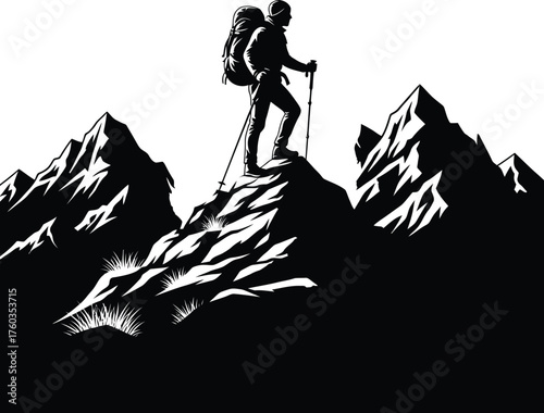 Black vector silhouette of an adventurous hiker standing on a dramatic, jagged mountain peak, symbolizing triumph, success, and challenging exploration.