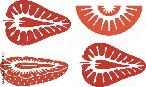 Stylized Artistic Representations of Strawberry Slices and Halves in Vibrant Red for Creative Graphic Design Applications and Organic Food Packaging Concepts