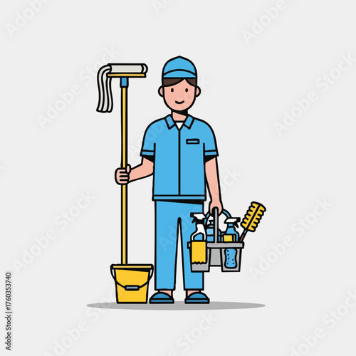 A cheerful janitor stands proudly, holding a mop and a cleaning supplies caddy, ready to maintain cleanliness and hygiene.