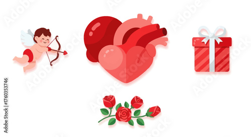 Valentines Day Symbols: Cupid Heart Gift and Roses.