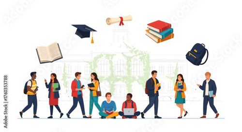 Diverse Young Students with Academic Symbols Representing Education and Learning.