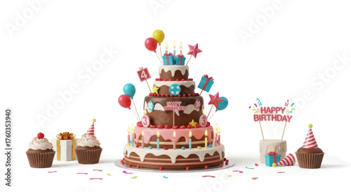 Multi-tiered chocolate birthday cake with festive decorations and cupcakes.