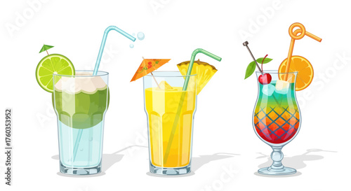 Vibrant tropical cocktails with fruit garnishes and straws.