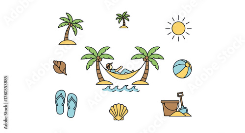 Relaxing Tropical Beach Scene with Hammock Palm Trees and Beach Toys.