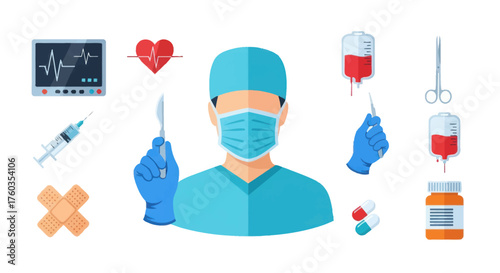 Medical Professional with Surgical Tools and Supplies Illustration.
