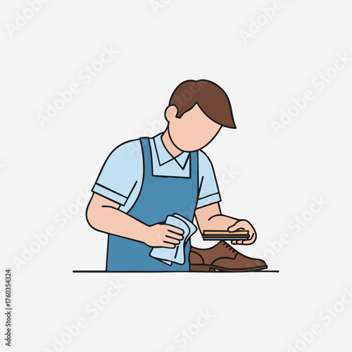 An illustration depicts a person cleaning and shining a brown leather shoe with a brush and cloth, symbolizing care.