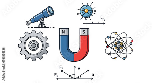 Science and Physics Elements: Telescope Magnet Gear Atom and Diagrams.