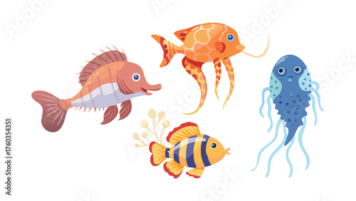 Exotic sea animals. Cartoon tropical underwater fish, jellyfish and seahorse, saltwater creatures flat vector illustration set. Tropical ocean fauna .Cartoon cute tropical ocean fishes. Sea fish vect
