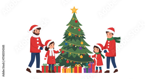 A happy family with two children wearing matching red outfits and Santa hats decorating a Christmas tree.