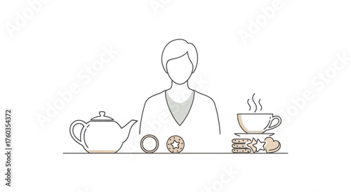 Line Art Illustration of a Person with Tea Set.