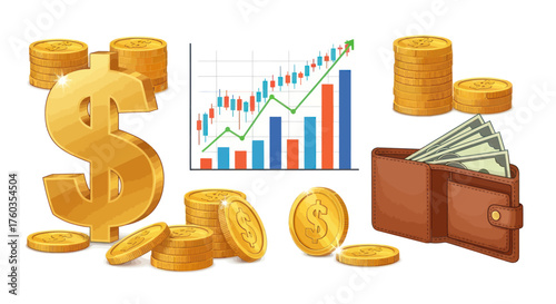 Golden Dollar Sign Stock Chart and Wallet Full of Cash.