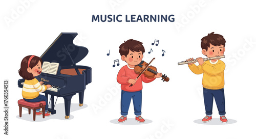Children Playing Musical Instruments: Piano Violin and Flute.
