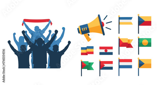 A collection of vector icons featuring a cheering crowd silhouette a megaphone and various national flags.