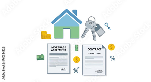 Real Estate Concept: House Keys Mortgage Agreement and Contract Illustration.
