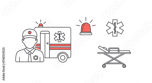 Medical Emergency Services Icon Set with Ambulance and Paramedic.