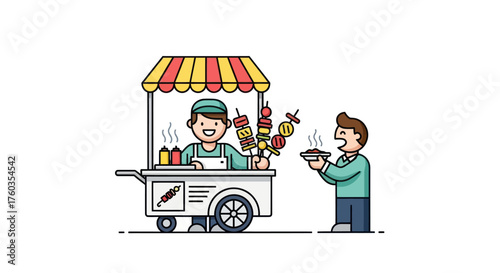 A cartoon illustration of a happy street food vendor selling kebabs from a cart to a customer.