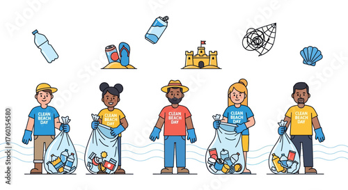 Diverse group of volunteers in a beach cleanup illustration holding trash bags full of plastic waste.