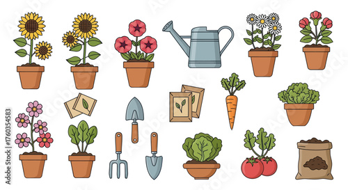 Garden Elements: Flowers Vegetables Tools and Seeds in a Colorful Illustration.