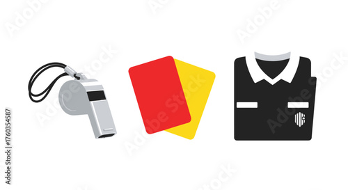 Football Referee Kit: Whistle Red and Yellow Cards Black Uniform Shirt.