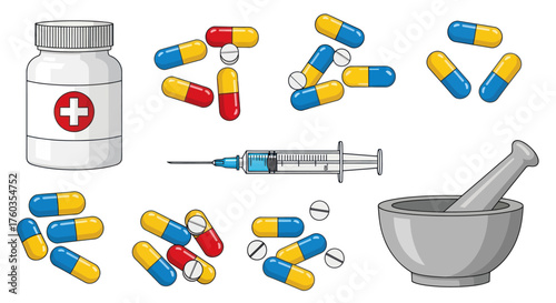 Pharmaceutical Elements: Bottle Capsules Syringe Mortar and Pestle and Pills.