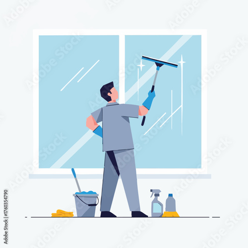 A professional window cleaner uses a squeegee to remove dirt and streaks from a large glass window, ensuring a clear view.