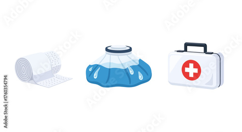 Essential Medical First Aid Supplies: Bandage Ice Pack and Kit.