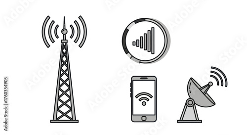 Collection of Communication Technology Icons: Tower Signal Phone and Satellite Dish.