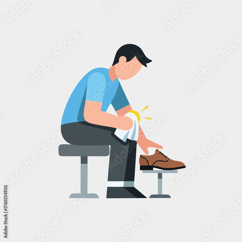 A man meticulously cleans and polishes a brown leather shoe, demonstrating care and attention to detail in a simple illustration.